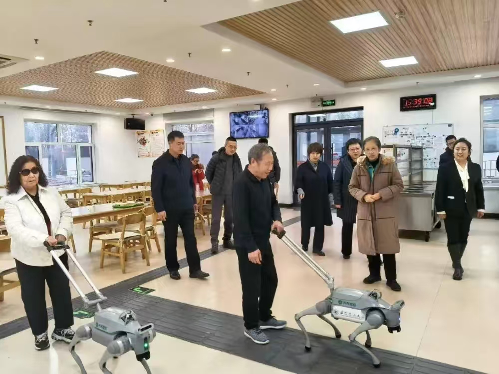 图为盲人体验机器导盲犬